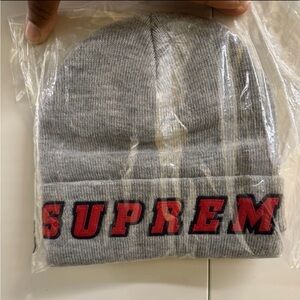 Supreme Heather Gray Beanie with Red Logo